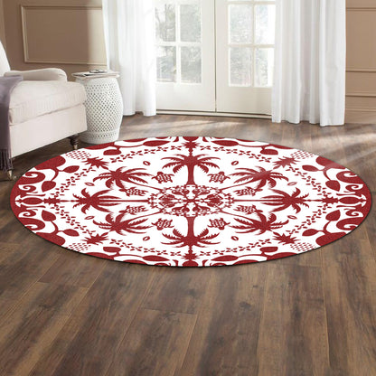Hawaii Round Rug Red Hawaii Pattern Palm Trees and Turtles Polynesian