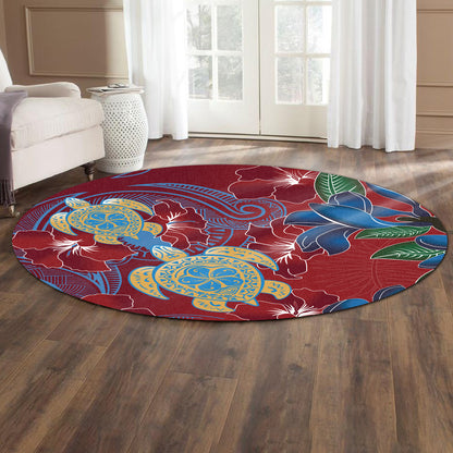 Hawaii Round Rug Polynesian Cultures Turtle Couple Tropical Flowers Red Color