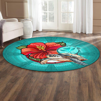 Hawaii Round Rug Hawaiian Map Turtle Hibiscus Flowers Polynesian Patterns Style