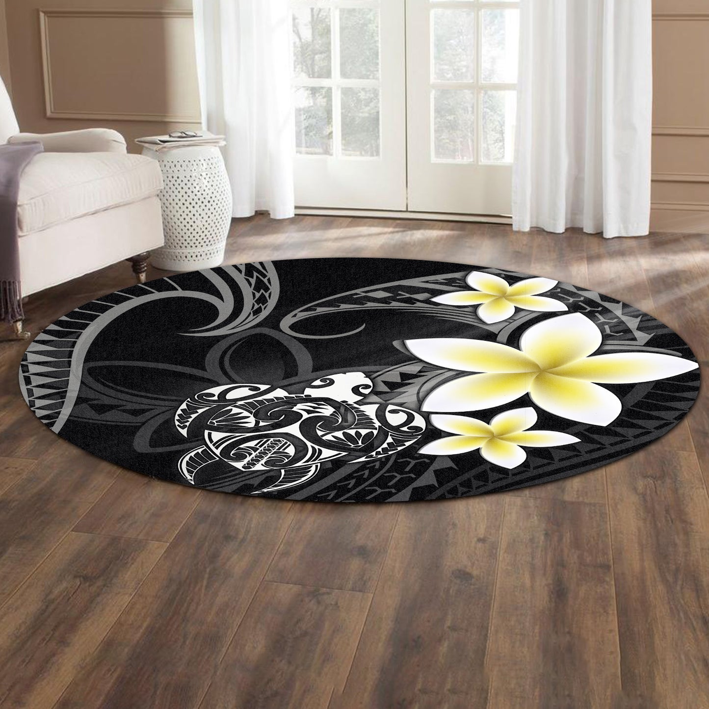 Hawaii Round Rug Hawaiian Turtle Honu Plumeria Tribal Tattoo
