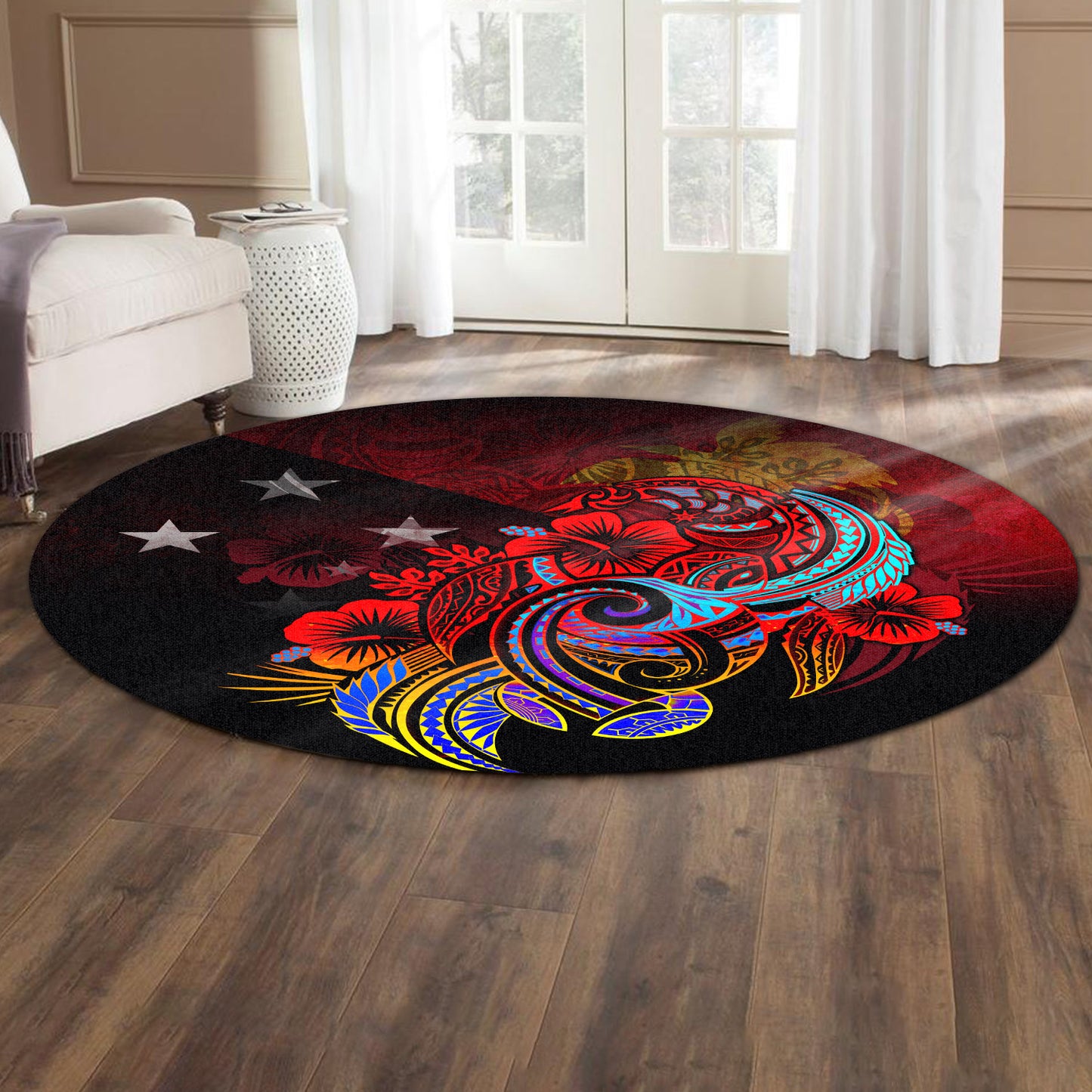 Papua New Guinea Round Rug Birds Of Paradise With Flag Color Style