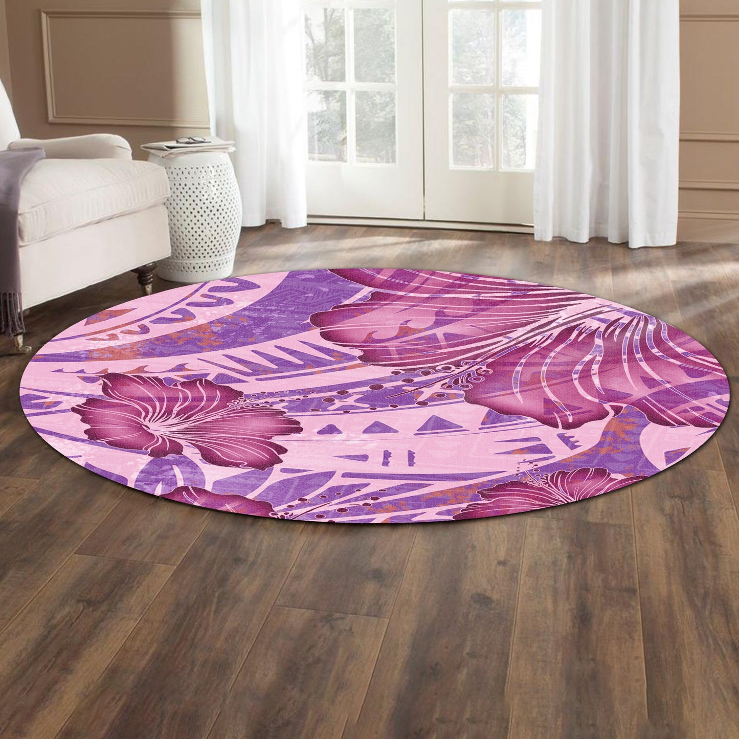 Hawaii Round Rug Polynesian Motif Purple Hibiscus