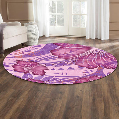 Hawaii Round Rug Polynesian Motif Purple Hibiscus
