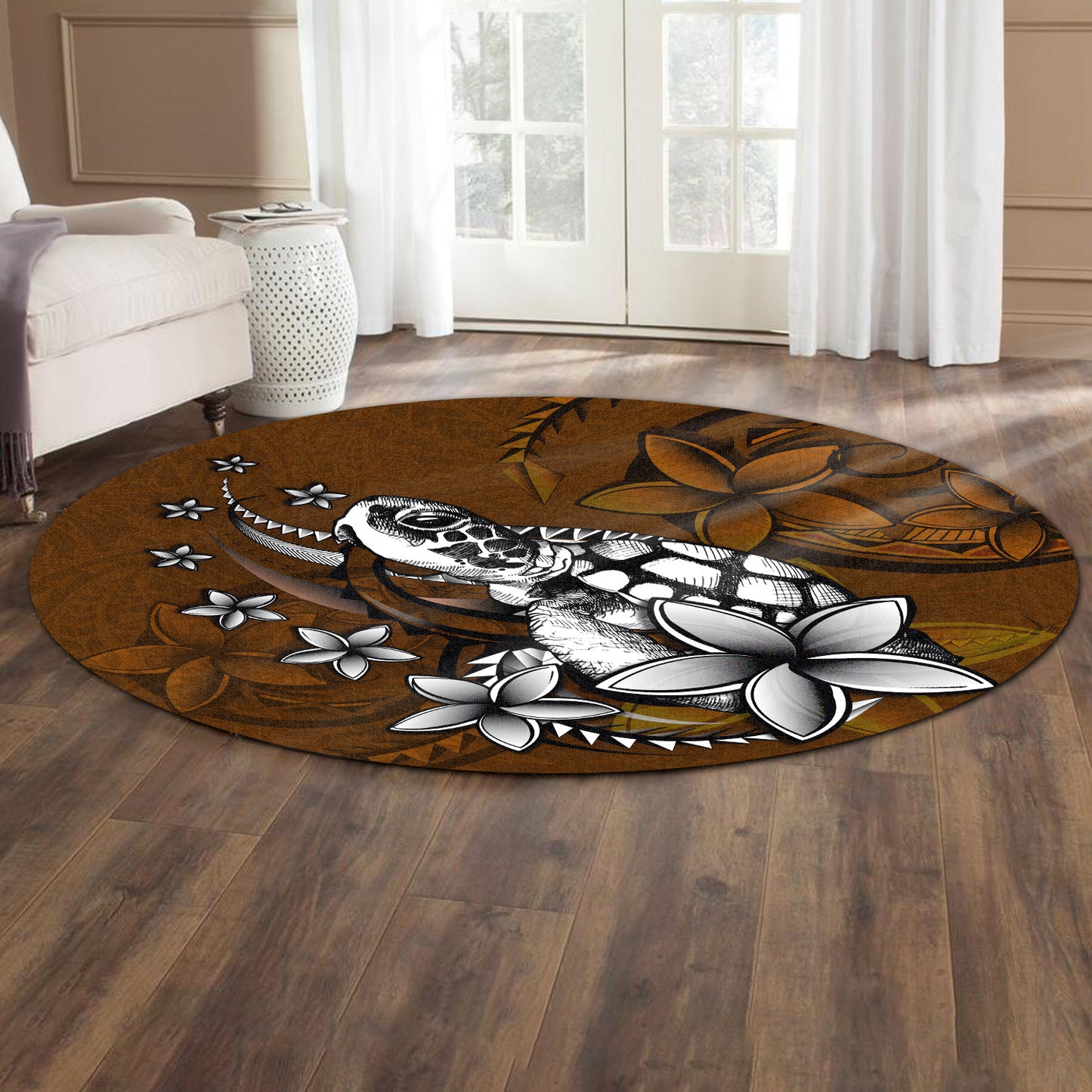 Hawaii Round Rug Sea Turtle With Plumeria Polynesian Patterns Retro Style