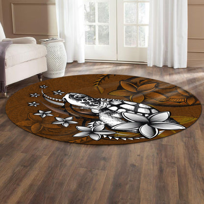 Hawaii Round Rug Sea Turtle With Plumeria Polynesian Patterns Retro Style