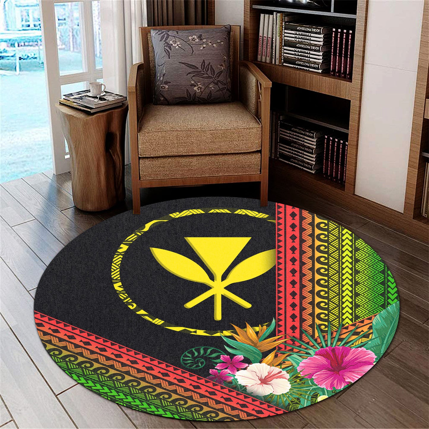 Hawaii Round Rug Turtle Polynesian Pattern Reggae Color
