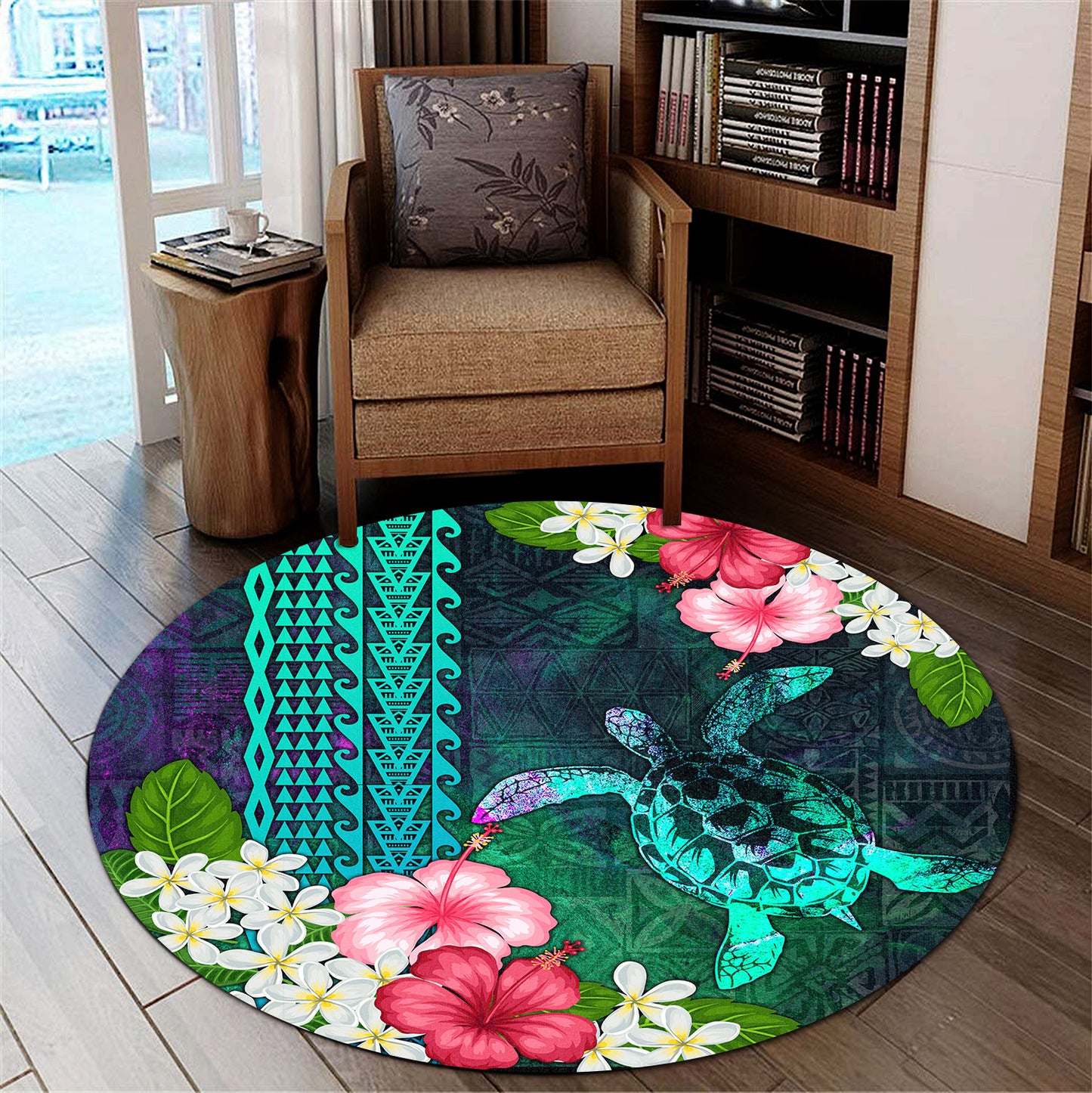 Hawaii Round Rug Sea Turtle Abstract Background With Tropical Flowers Hibiscus And Plumeria