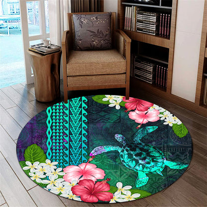 Hawaii Round Rug Sea Turtle Abstract Background With Tropical Flowers Hibiscus And Plumeria