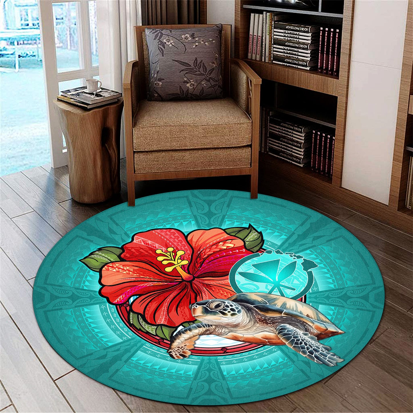 Hawaii Round Rug Hawaiian Map Turtle Hibiscus Flowers Polynesian Patterns Style
