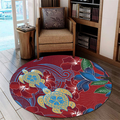 Hawaii Round Rug Polynesian Cultures Turtle Couple Tropical Flowers Red Color