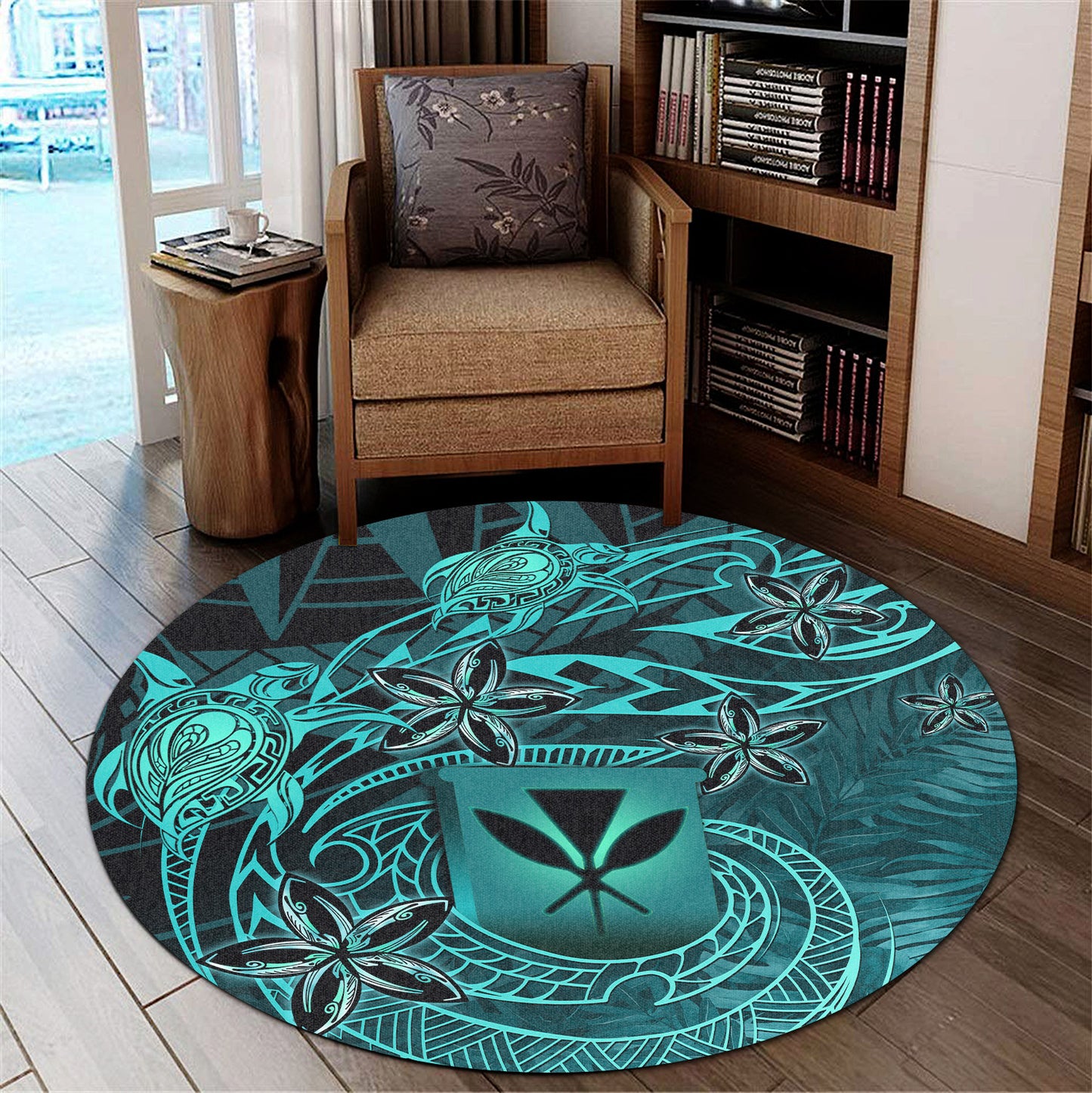 Hawaii Round Rug Kanaka Maoli Tropical Leaves Polynesian Pattern