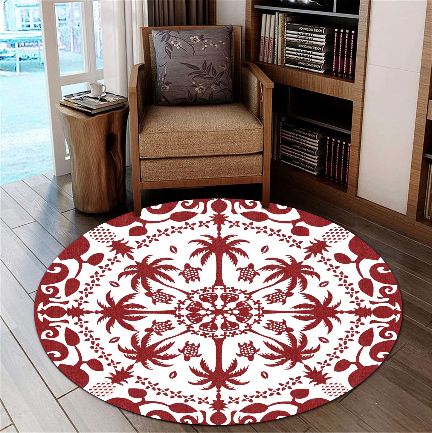 Hawaii Round Rug Red Hawaii Pattern Palm Trees and Turtles Polynesian