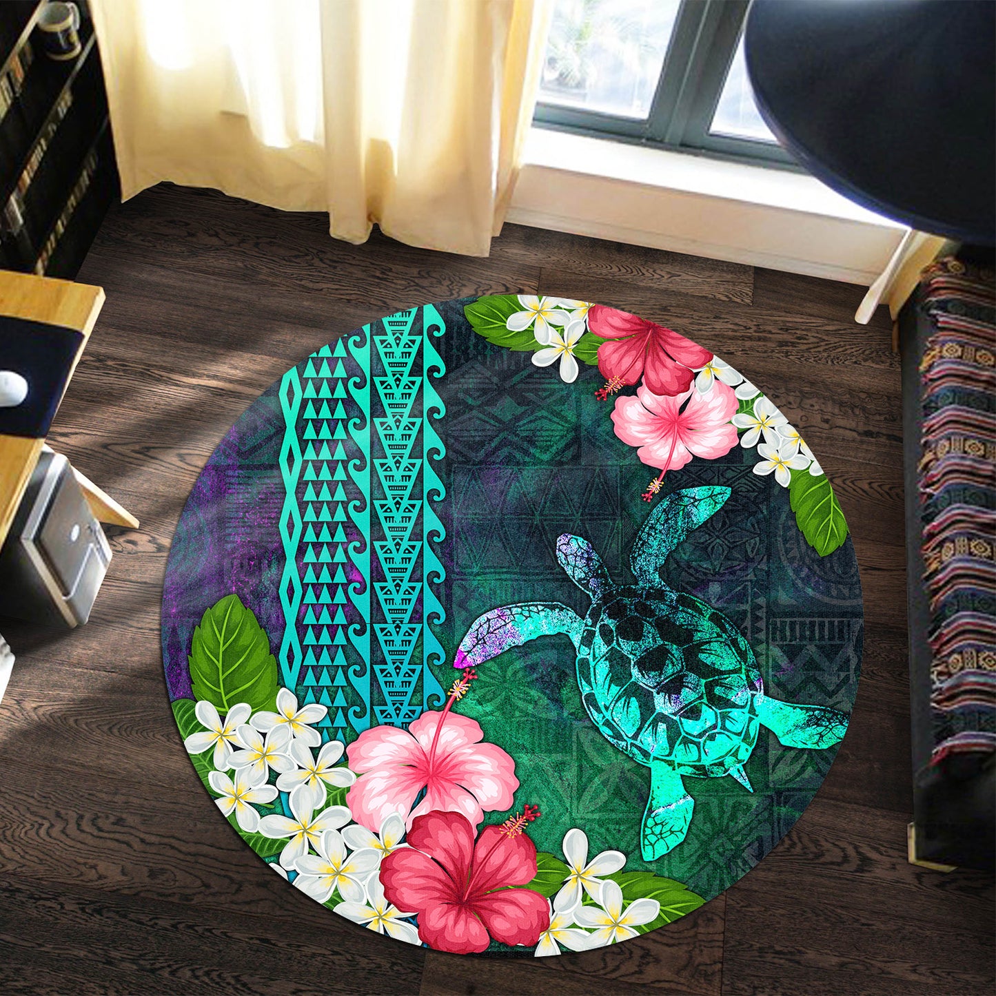 Hawaii Round Rug Sea Turtle Abstract Background With Tropical Flowers Hibiscus And Plumeria