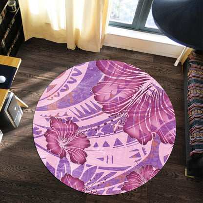 Hawaii Round Rug Polynesian Motif Purple Hibiscus