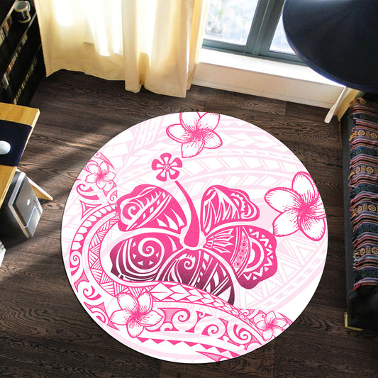 Hawaii Round Rug Pink Hibiscus And Plumeria Flowers Polynesian Decor