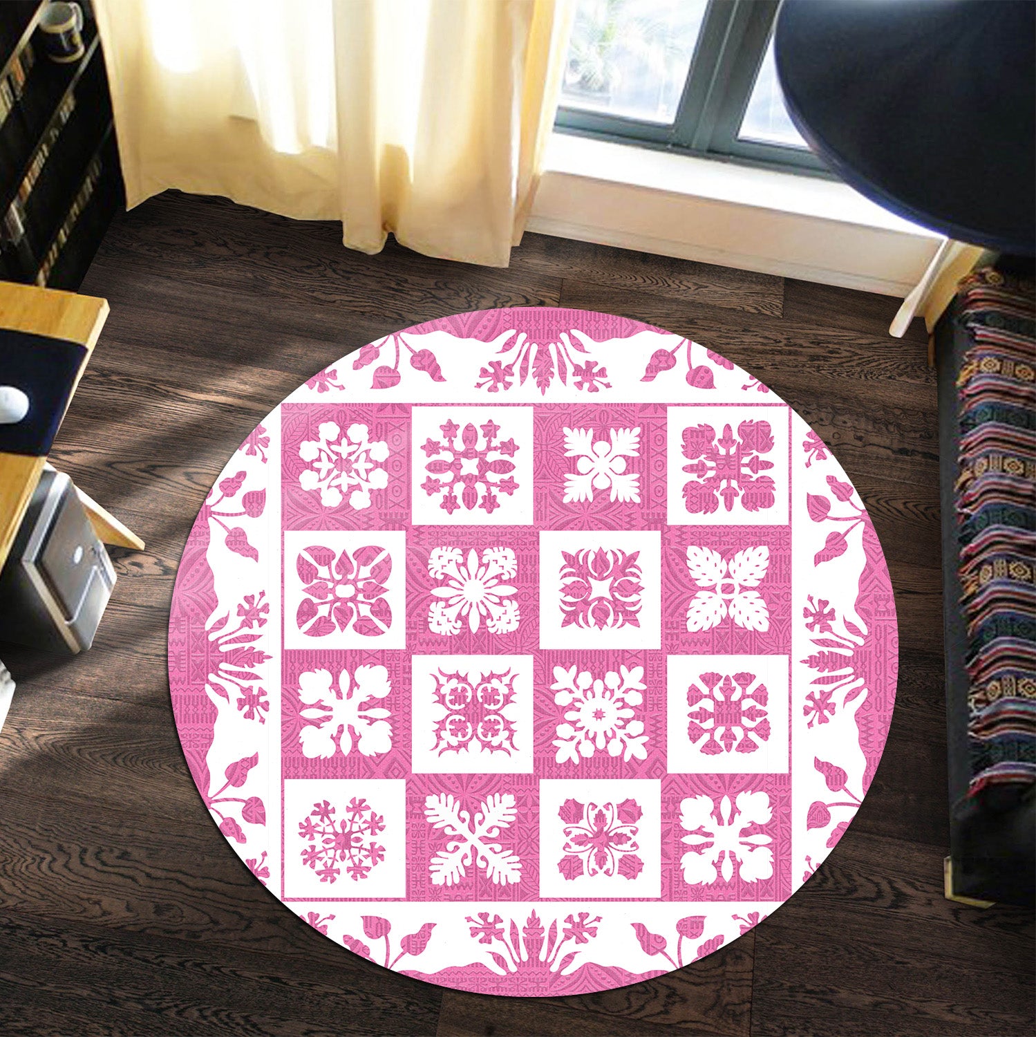 Hawaii Round Rug Pink Hawaii Pattern Polynesian Color