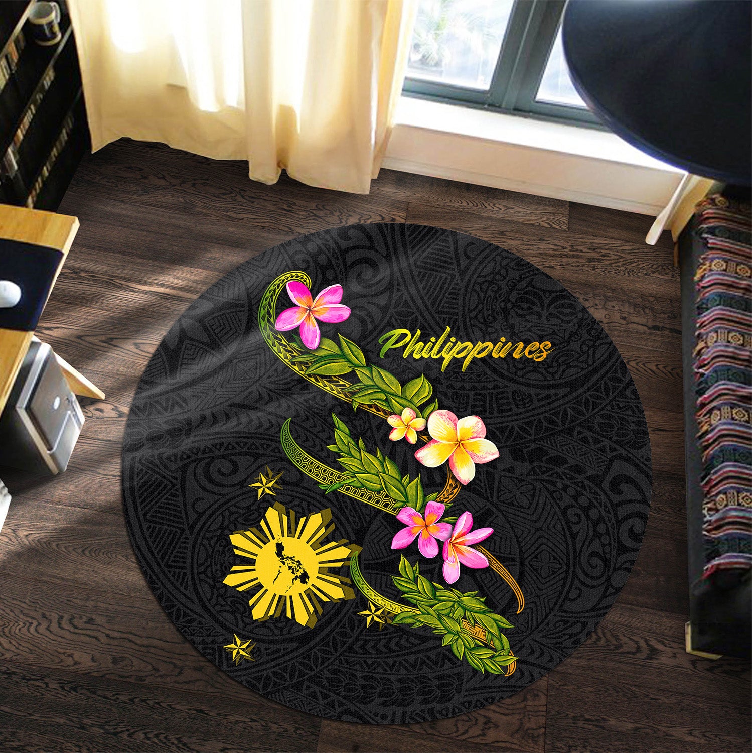Philippines Filipinos Round Rug Philippines Sun And Map Plumeria Tribal ...