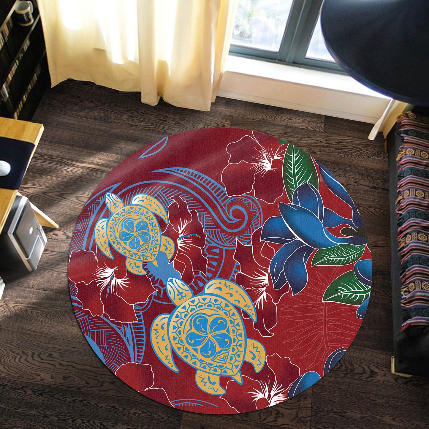 Hawaii Round Rug Polynesian Cultures Turtle Couple Tropical Flowers Red Color