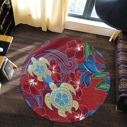 Hawaii Round Rug Polynesian Cultures Turtle Couple Tropical Flowers Red Color