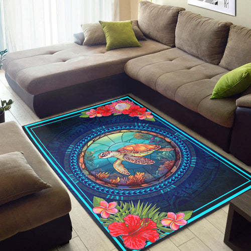 Hawaii Area Rug Polynesian Patterns Turtle Mascot WaterColor Style