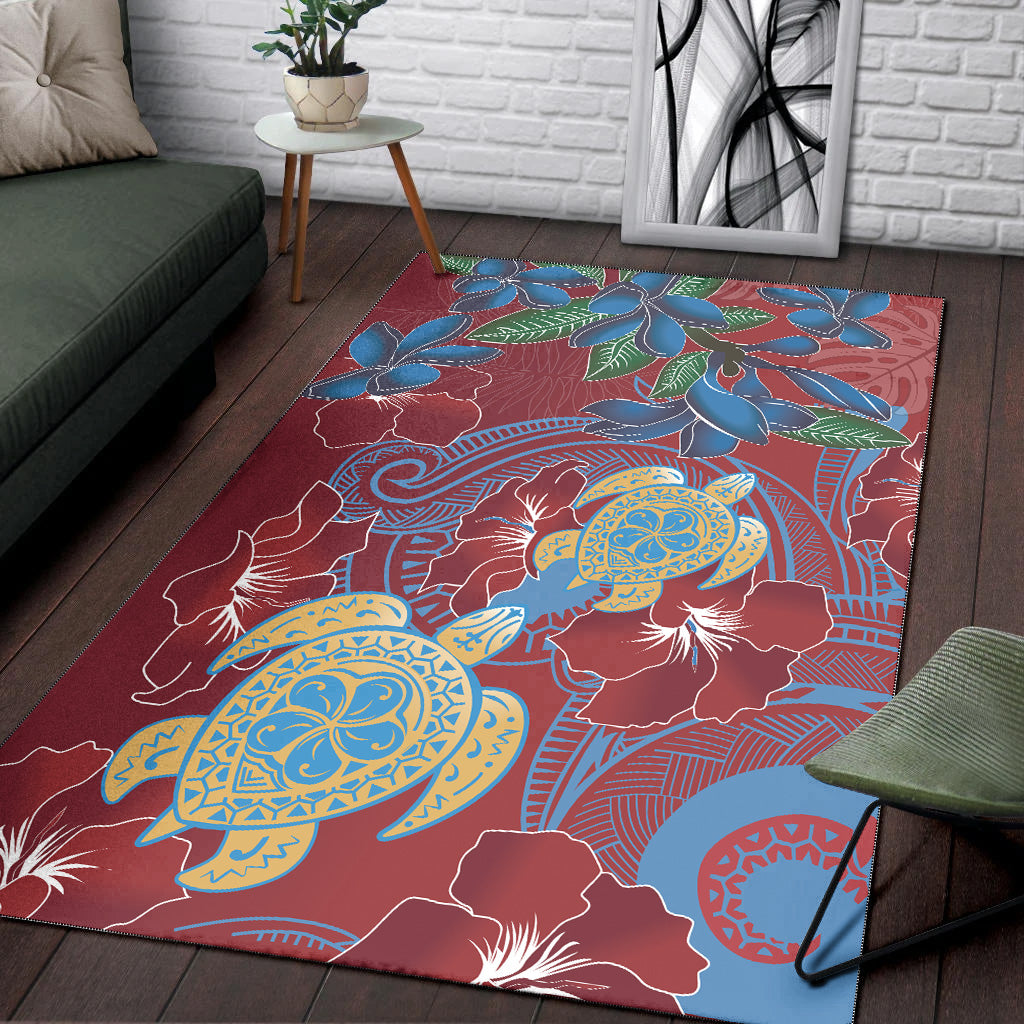 Hawaii Area Rug Polynesian Cultures Turtle Couple Tropical Flowers Red Color