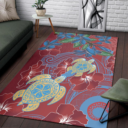 Hawaii Area Rug Polynesian Cultures Turtle Couple Tropical Flowers Red Color