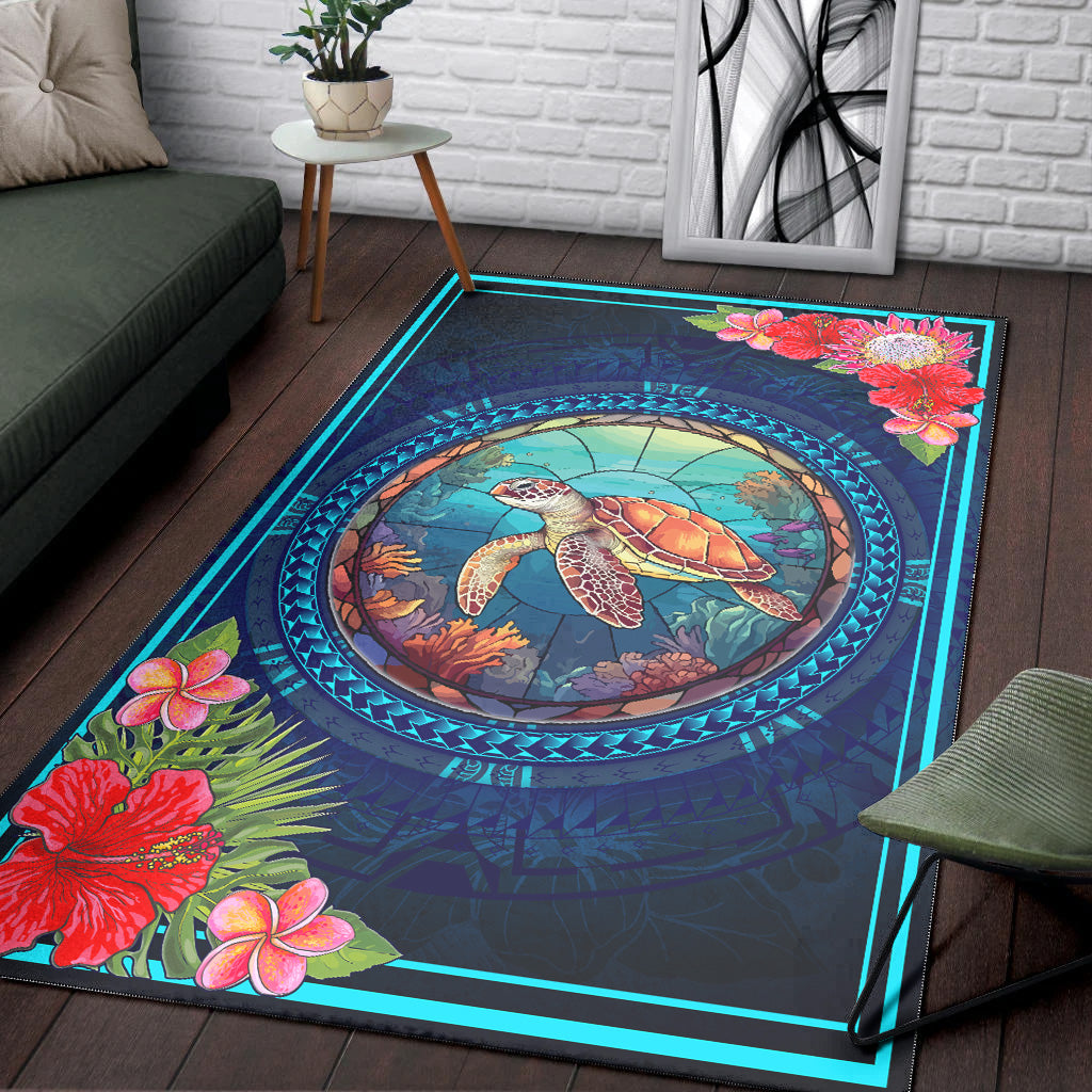 Hawaii Area Rug Polynesian Patterns Turtle Mascot WaterColor Style