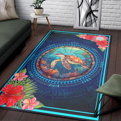 Hawaii Area Rug Polynesian Patterns Turtle Mascot WaterColor Style