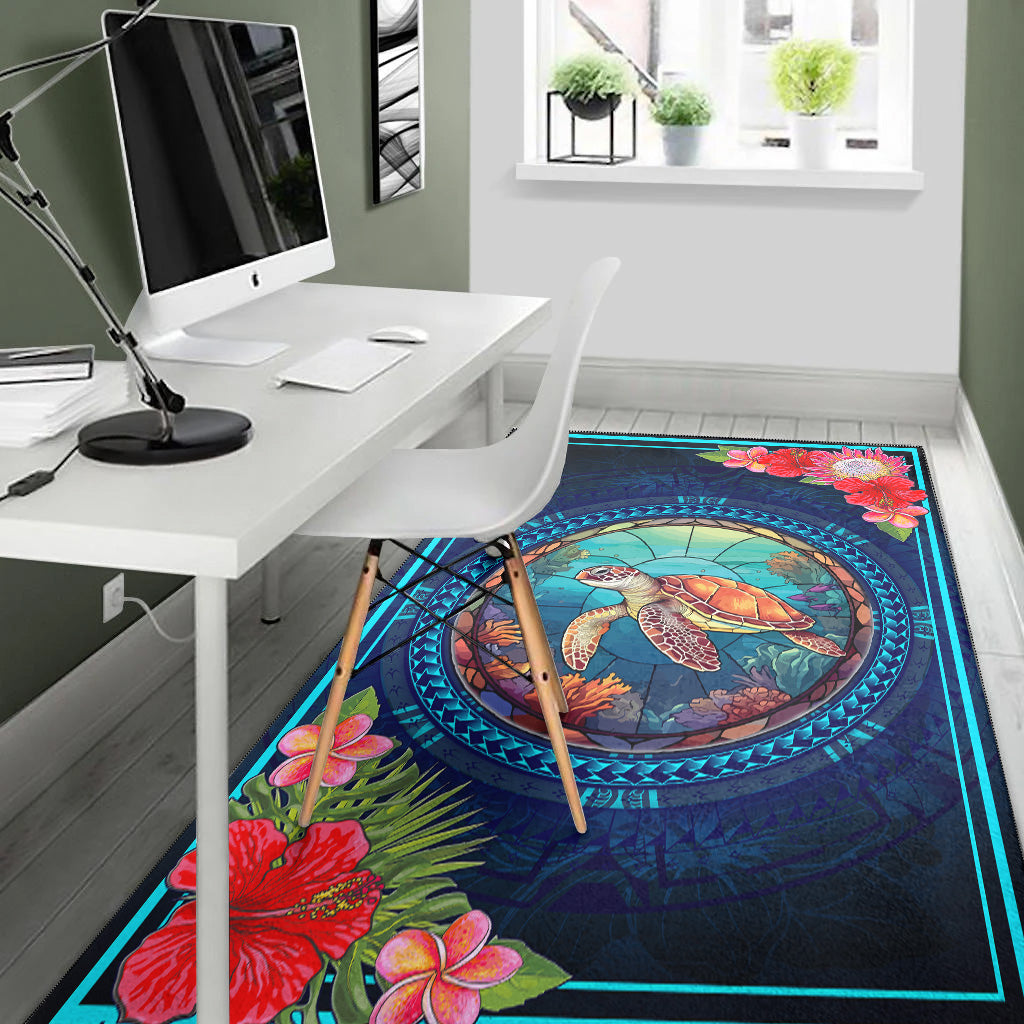 Hawaii Area Rug Polynesian Patterns Turtle Mascot WaterColor Style