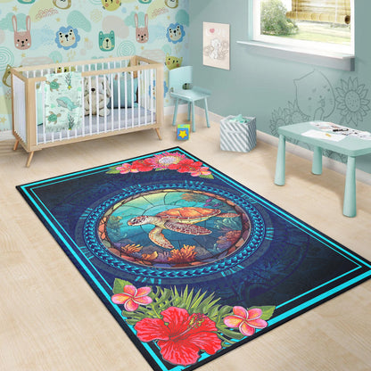 Hawaii Area Rug Polynesian Patterns Turtle Mascot WaterColor Style