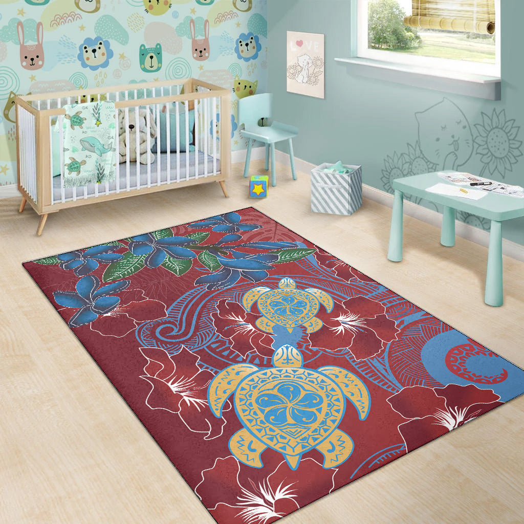 Hawaii Area Rug Polynesian Cultures Turtle Couple Tropical Flowers Red Color