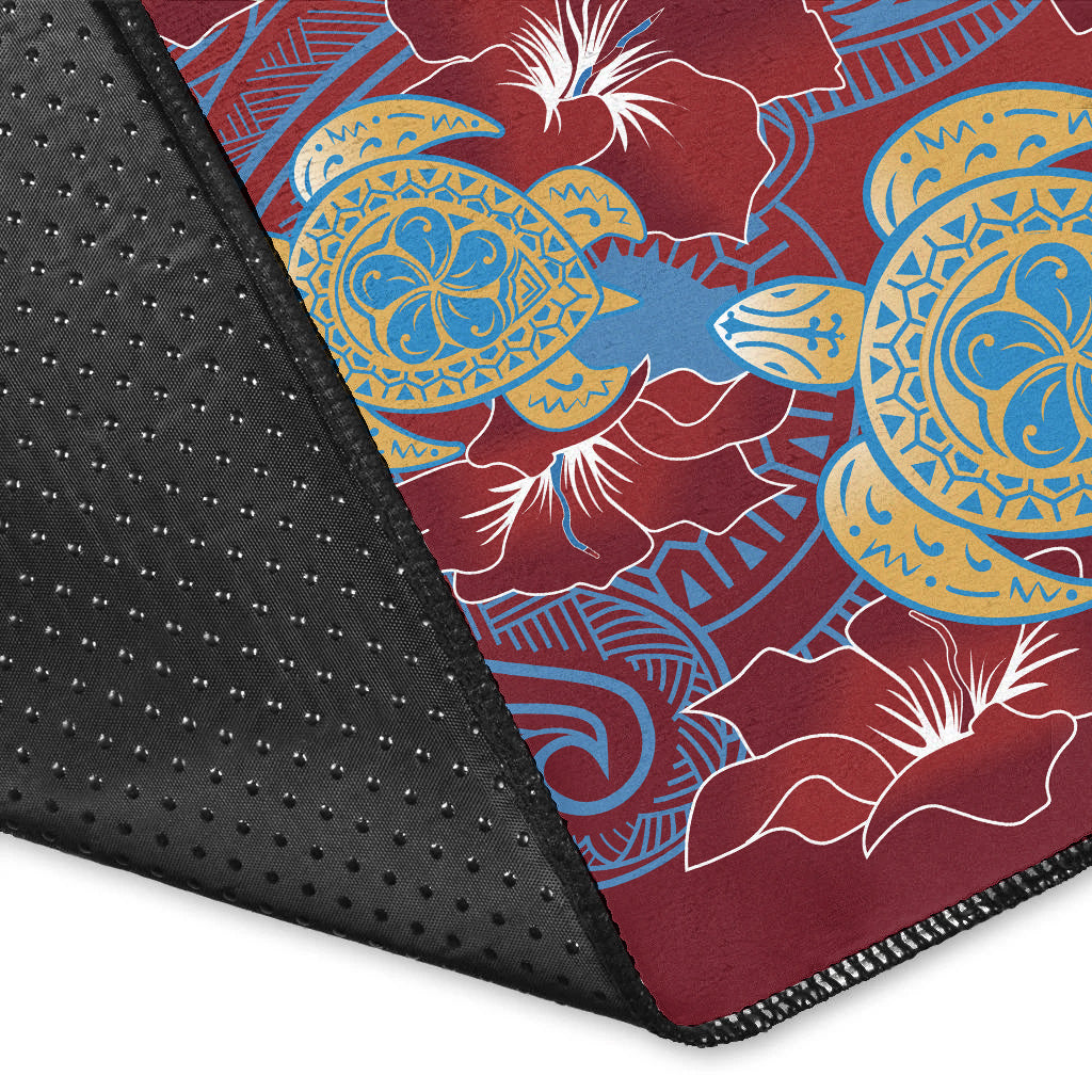 Hawaii Area Rug Polynesian Cultures Turtle Couple Tropical Flowers Red Color