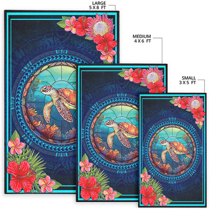 Hawaii Area Rug Polynesian Patterns Turtle Mascot WaterColor Style