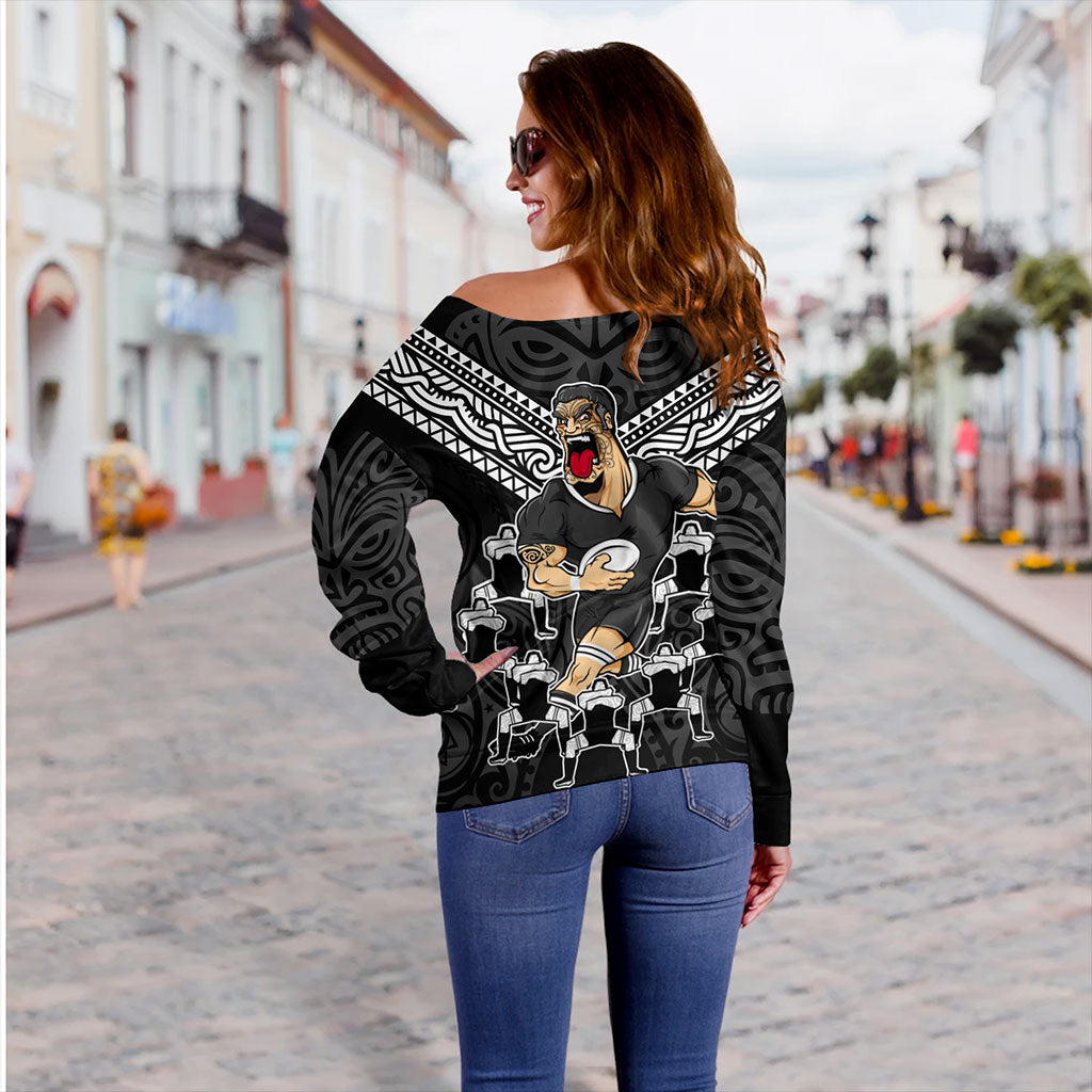 New Zealand Off Shoulder Sweatshirt Rugby Maori Tribal Mascot Dringking Style