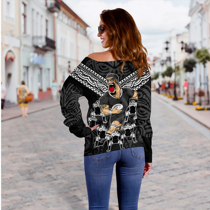 New Zealand Off Shoulder Sweatshirt Rugby Maori Tribal Mascot Dringking Style