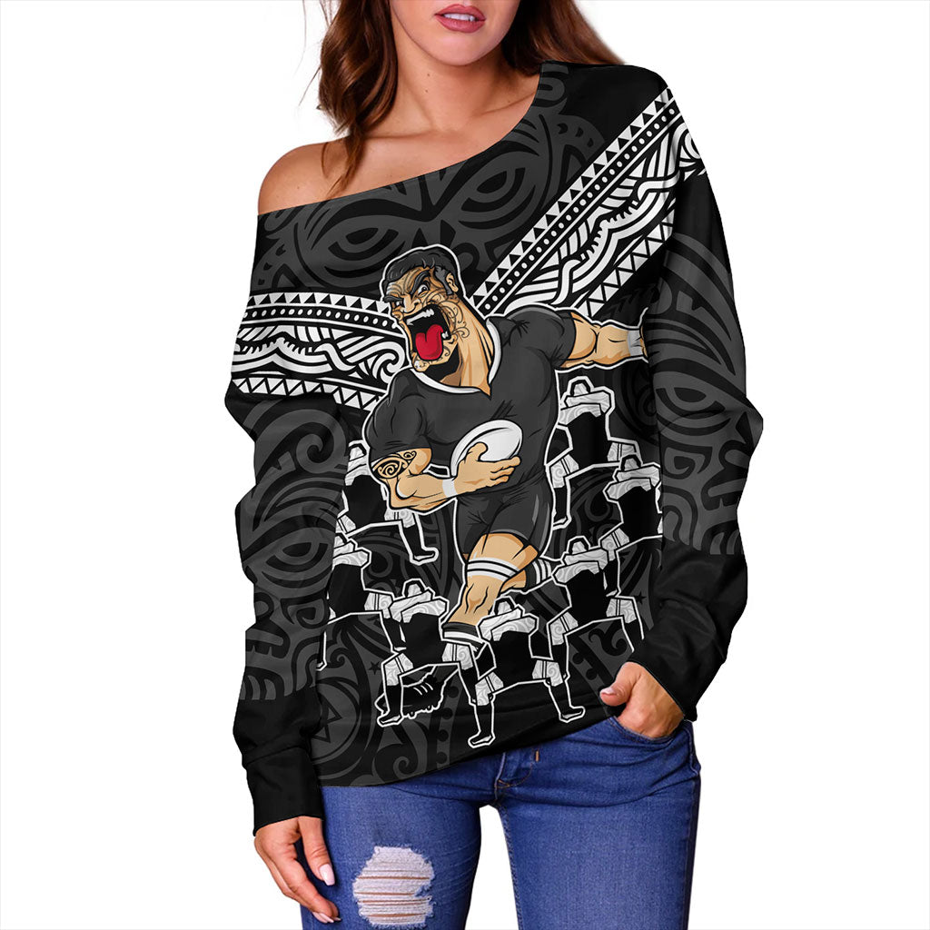 New Zealand Off Shoulder Sweatshirt Rugby Maori Tribal Mascot Dringking Style