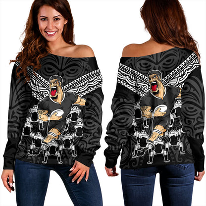 New Zealand Off Shoulder Sweatshirt Rugby Maori Tribal Mascot Dringking Style