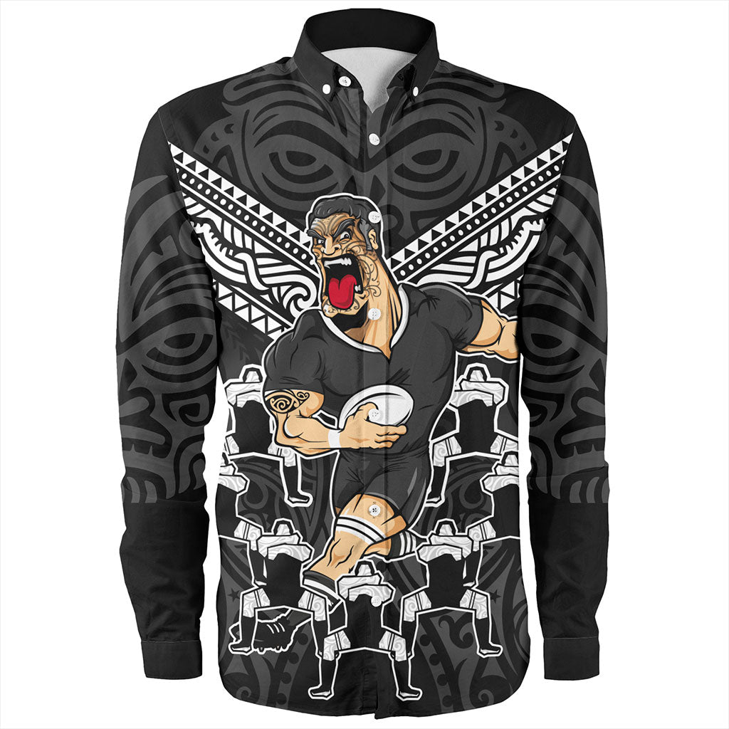 New Zealand Long Sleeve Shirt Rugby Maori Tribal Mascot Dringking Style