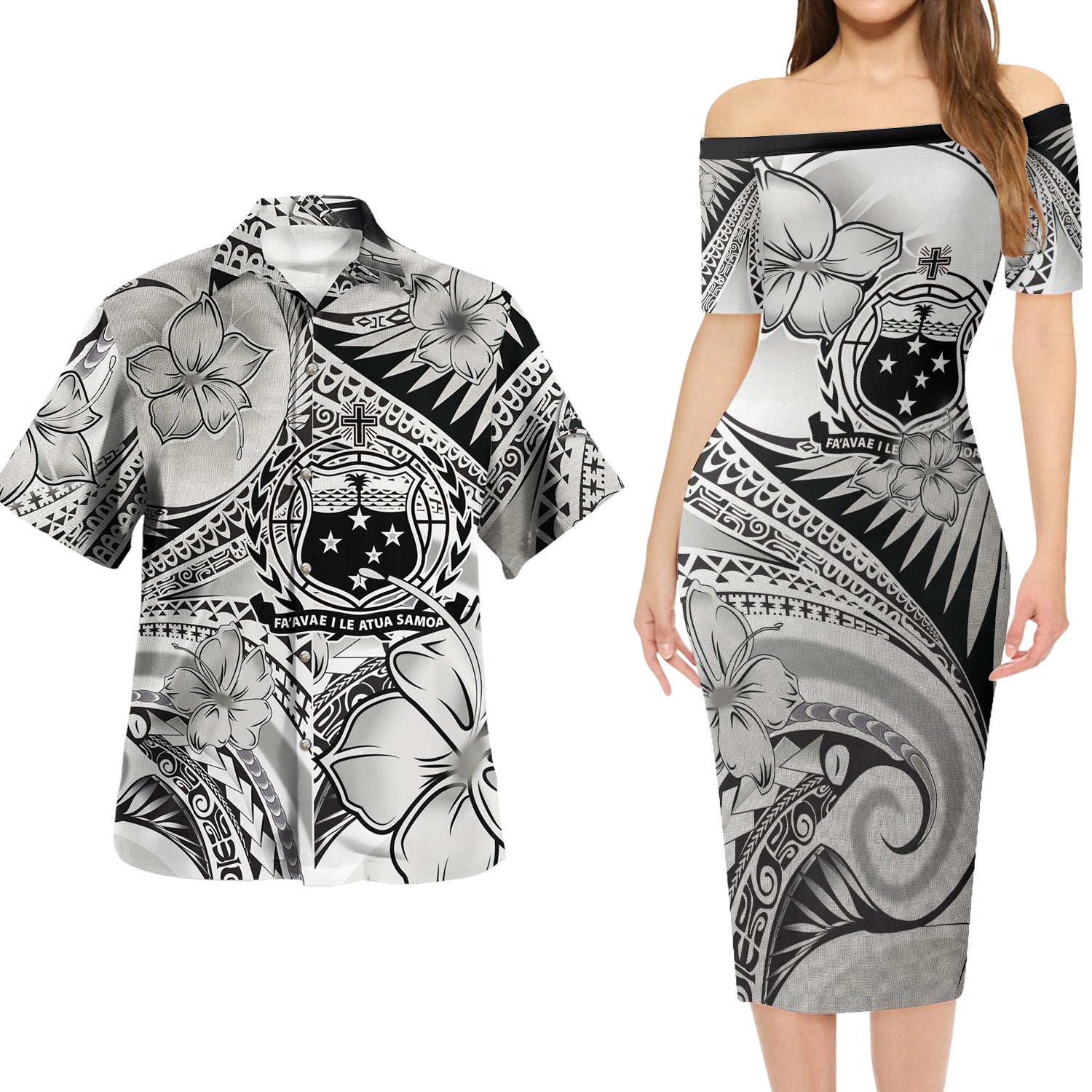 Samoa Combo Short Sleeve Dress And Shirt Polynesian Tribal Waves Patterns Hibiscus Flowers