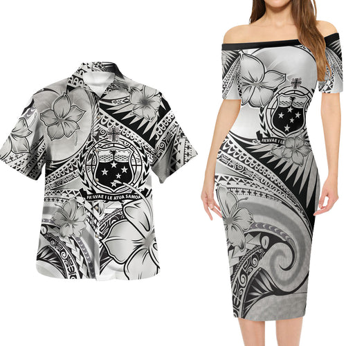 Samoa Combo Short Sleeve Dress And Shirt Polynesian Tribal Waves Patterns Hibiscus Flowers