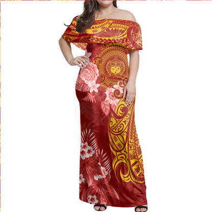 Samoa Combo Off Shoulder Long Dress And Shirt Polynesian Tropical Plumeria Tribal Red