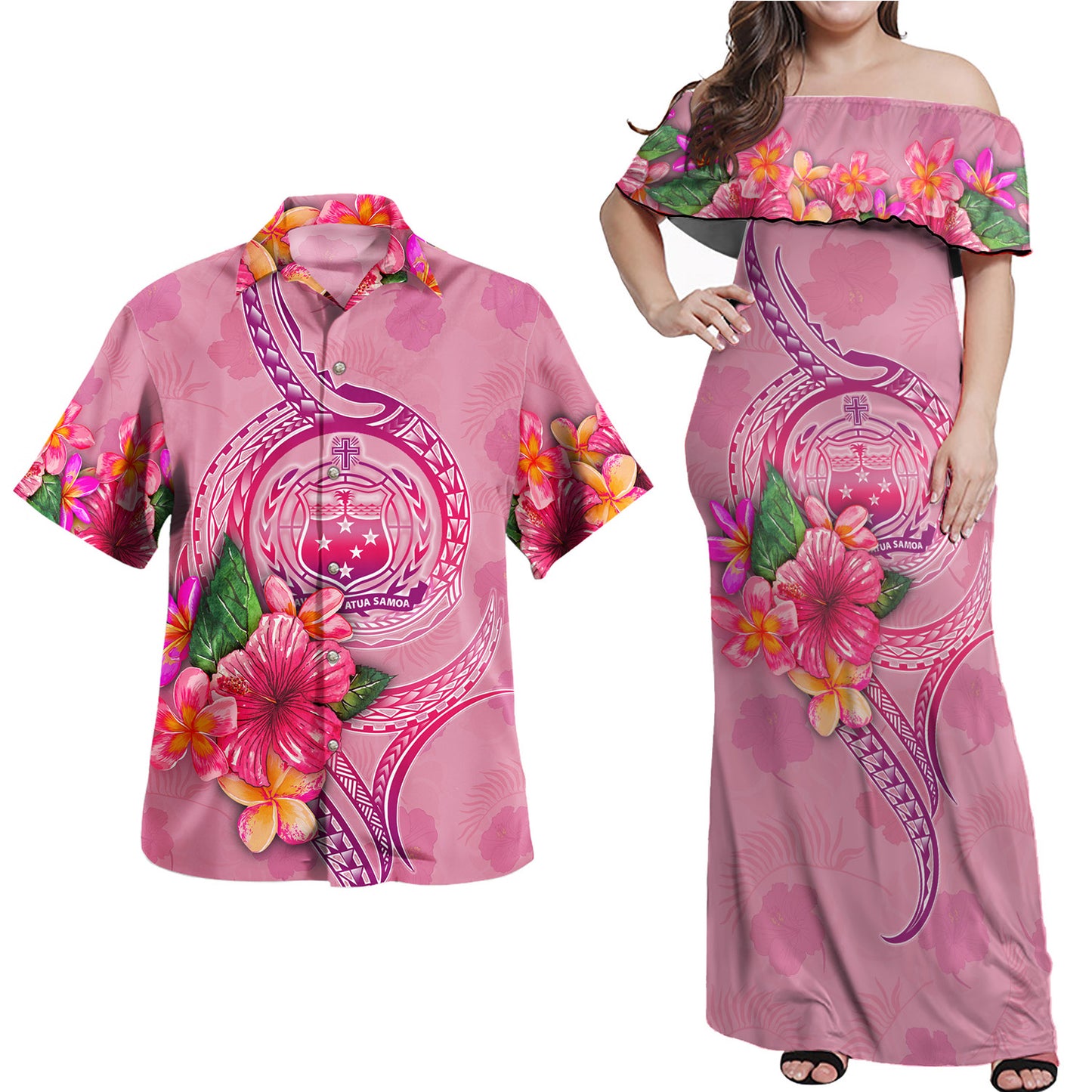 Samoa Combo Off Shoulder Long Dress And Shirt Floral With Seal Pink