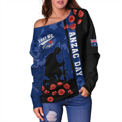 New Zealand Off Shoulder Sweatshirt Anzac Day Lest We Forget Military Camouflage Simple Style