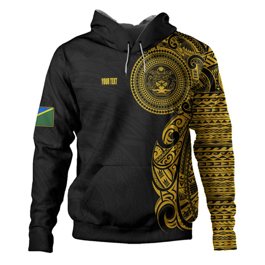 Solomon Islands Hoodie Custom Polynesian Half Sleeve Gold Tattoo With Seal Black