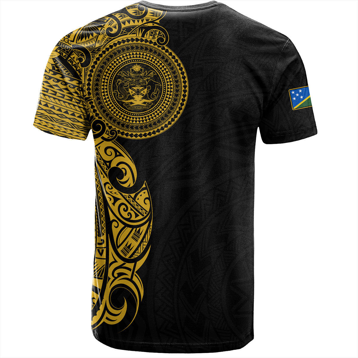 Solomon Islands T-Shirt Custom Polynesian Half Sleeve Gold Tattoo With Seal Black