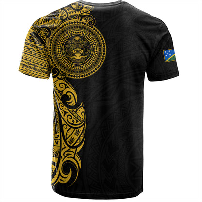 Solomon Islands T-Shirt Custom Polynesian Half Sleeve Gold Tattoo With Seal Black
