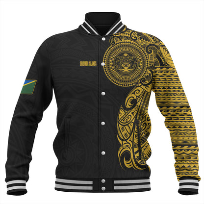 Solomon Islands Baseball Jacket Custom Polynesian Half Sleeve Gold Tattoo With Seal Black