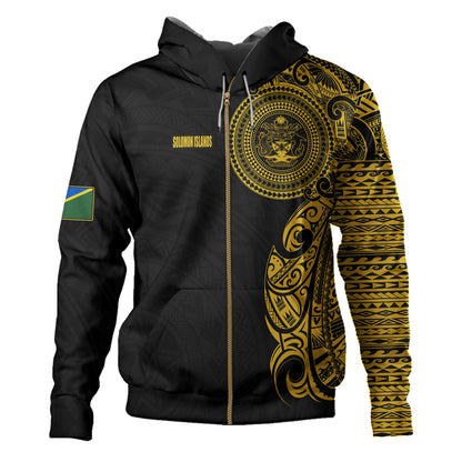 Solomon Islands Hoodie Custom Polynesian Half Sleeve Gold Tattoo With Seal Black