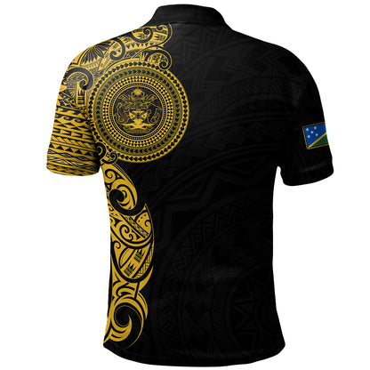 Solomon Islands Polo Shirt Custom Polynesian Half Sleeve Gold Tattoo With Seal Black