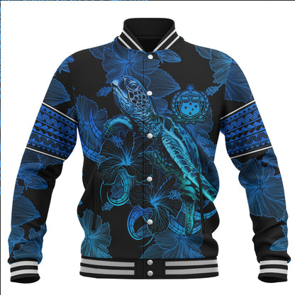 Samoa Baseball Jacket Sea Turtle With Blooming Hibiscus Flowers Tribal Blue